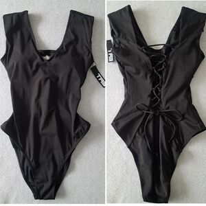 NWT Ta3 Elegant Black Lace-Up Women's One Piece Swimsuit